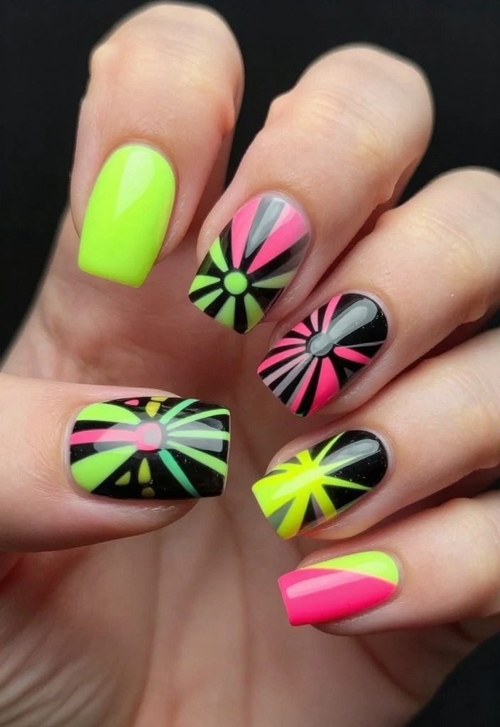 20 Fun Gel Nail Art Designs That Anyone Can Master (Your Friends Will Be Jealous!) - 20. Neon Burst 1