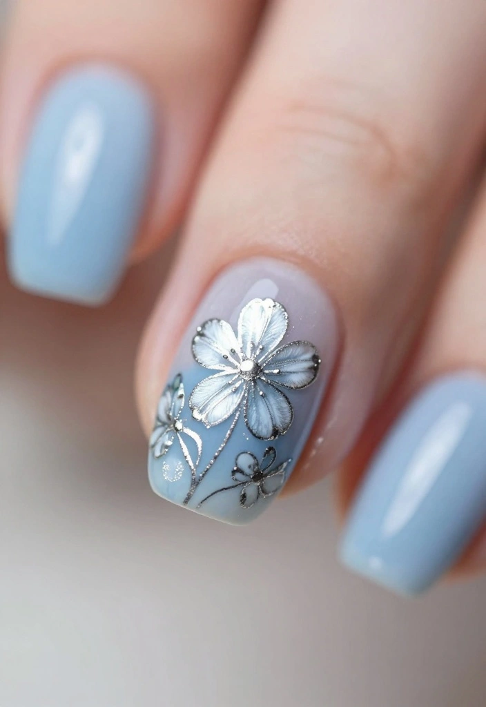 20 Glam Blue and Silver Nail Looks That Will Leave Everyone Speechless! - 12. Elegant Floral Designs 1