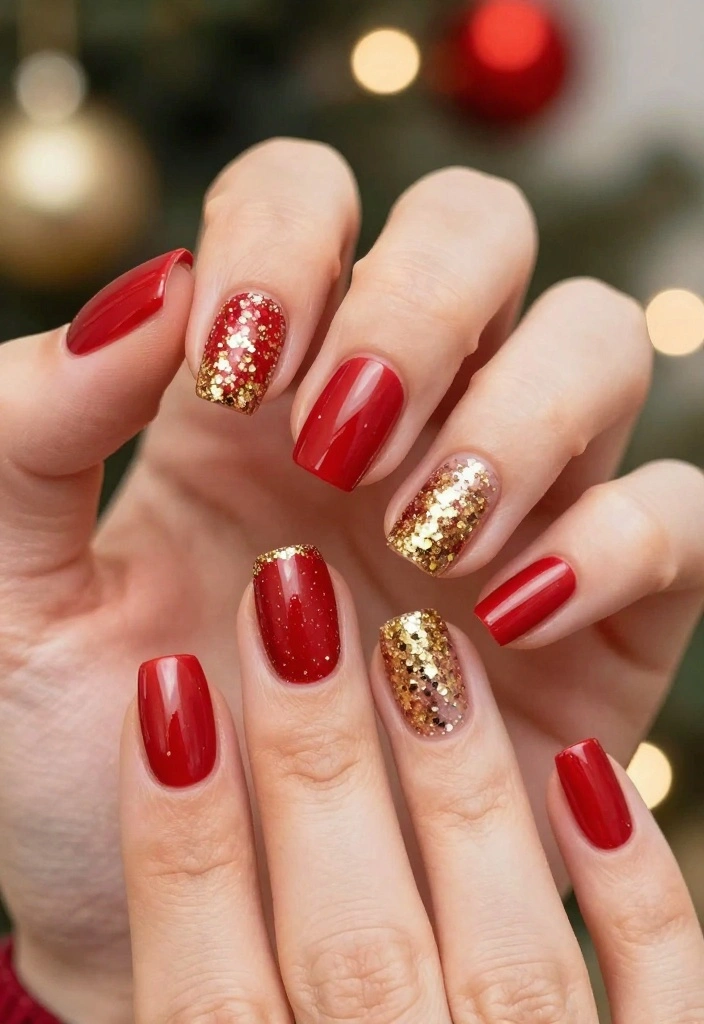 20 Glittering Christmas Nail Art Ideas That Will Dazzle Everyone This Holiday Season! - 1. Classic Red and Gold Sparkle 1