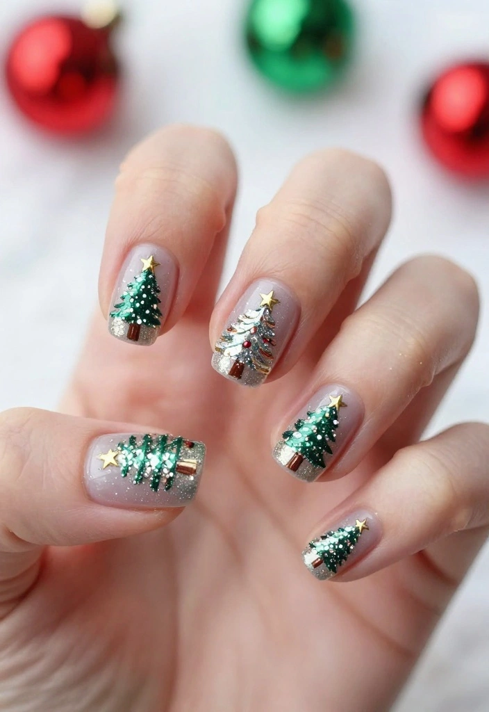 20 Glittering Christmas Nail Art Ideas That Will Dazzle Everyone This Holiday Season! - 10. Sparkling Holiday Trees 1