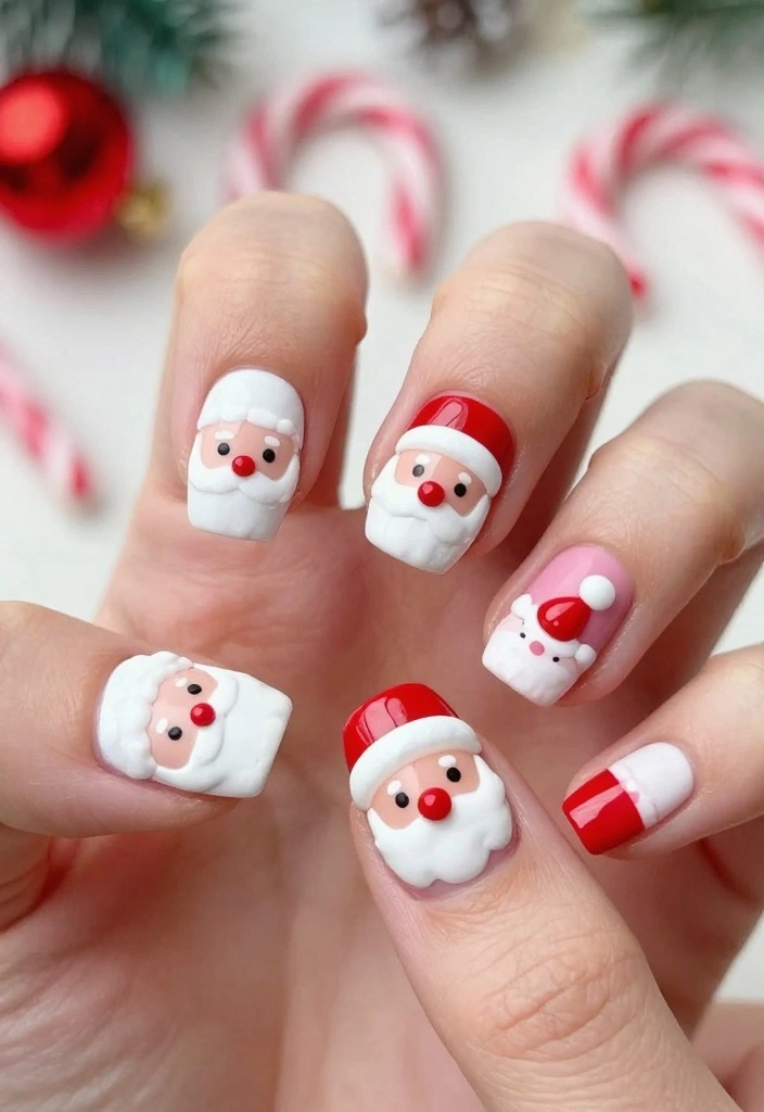 20 Glittering Christmas Nail Art Ideas That Will Dazzle Everyone This Holiday Season! - 6. Whimsical Santa Claus Faces 1