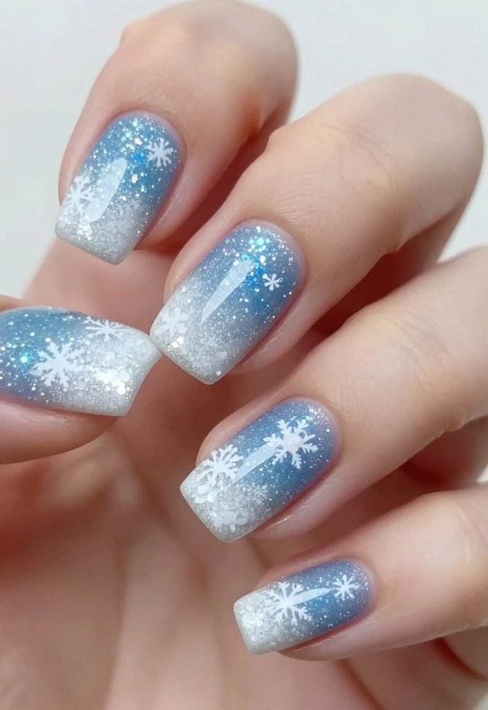 20 Gorgeous Snowflake Nail Designs to Elevate Your Winter Glam! - 10. Snow Glitter Gradient 1