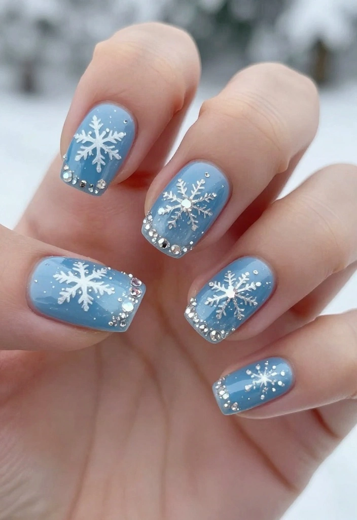 20 Gorgeous Snowflake Nail Designs to Elevate Your Winter Glam! - 13. Snowflake Patterns with Rhinestones 1