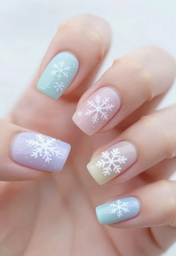 20 Gorgeous Snowflake Nail Designs to Elevate Your Winter Glam! - 15. Pastel Snowflakes 1