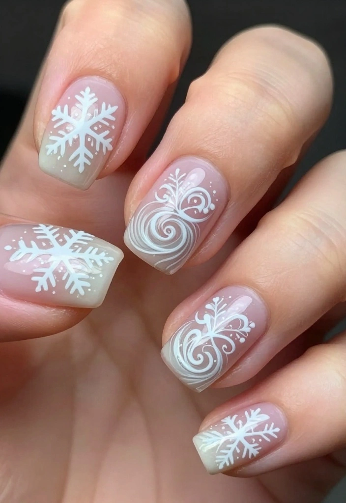 20 Gorgeous Snowflake Nail Designs to Elevate Your Winter Glam! - 19. Artful Snowflake Swirls 1