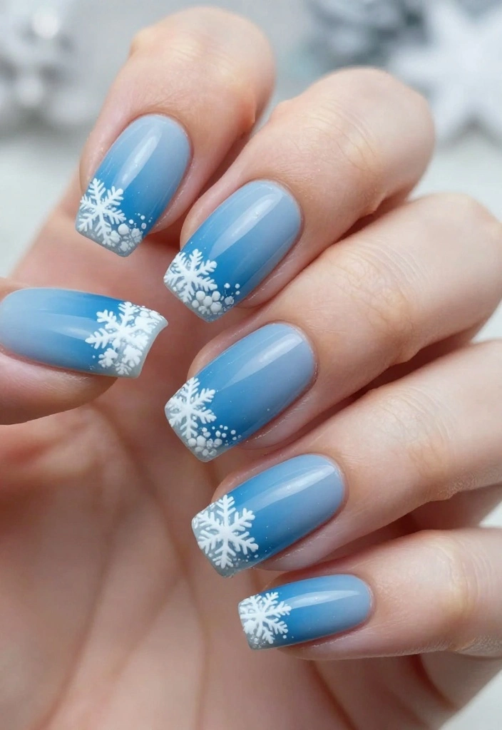 20 Gorgeous Snowflake Nail Designs to Elevate Your Winter Glam! - 3. Seasonal Ombre Snowflakes 1