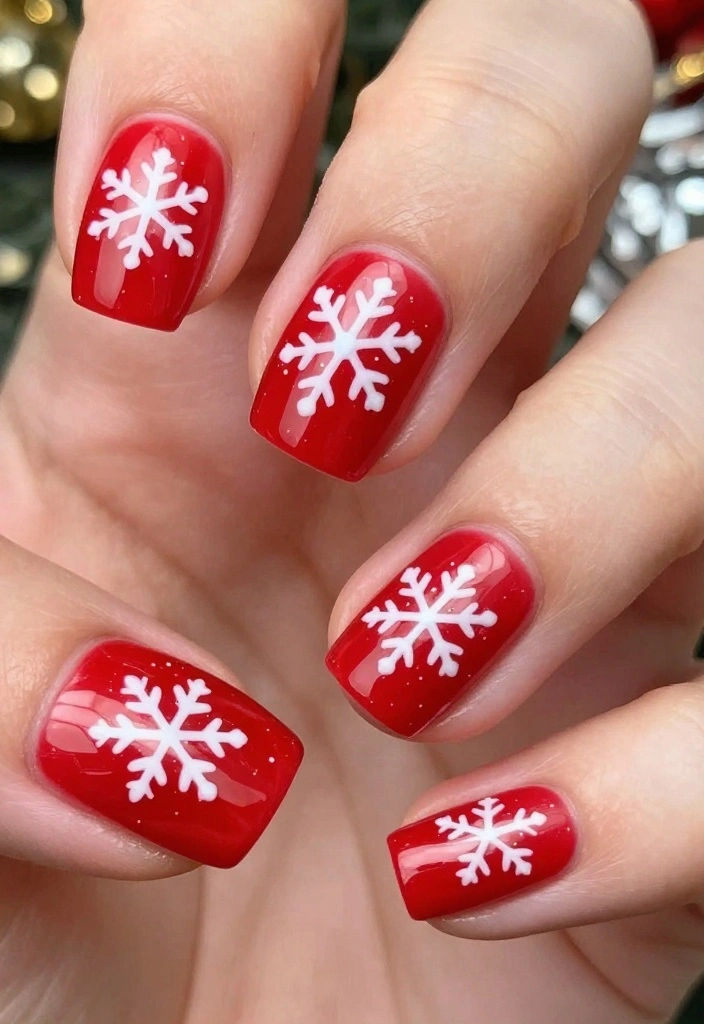 20 Gorgeous Snowflake Nail Designs to Elevate Your Winter Glam! - 7. Festive Red and White Snowflakes 1