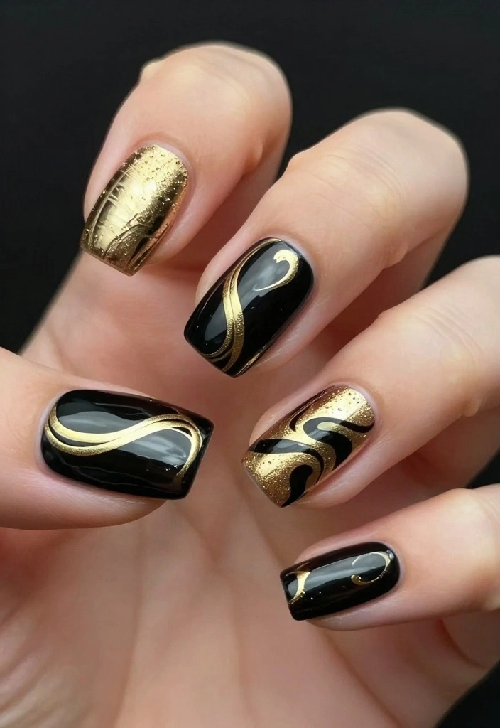 20 Gorgeous Water Nails That Are Easier Than You Think! - 10. Chic Black and Gold 1