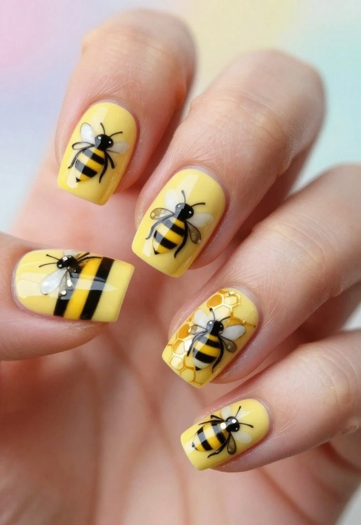 20 Inspiring Bee Nails Ideas To Sweeten Your Look This Season! - 1. Classic Bee & Honeycomb Design 1