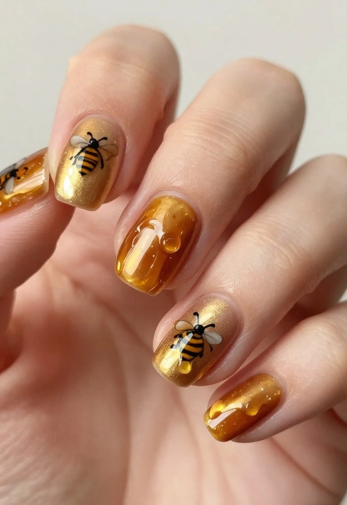 20 Inspiring Bee Nails Ideas To Sweeten Your Look This Season! - 12. Honey Drip Design 1