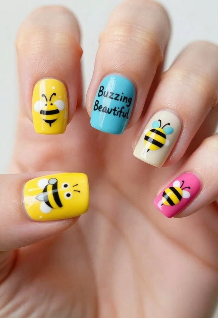 20 Inspiring Bee Nails Ideas To Sweeten Your Look This Season! - 13. Bee Puns and Designs 1
