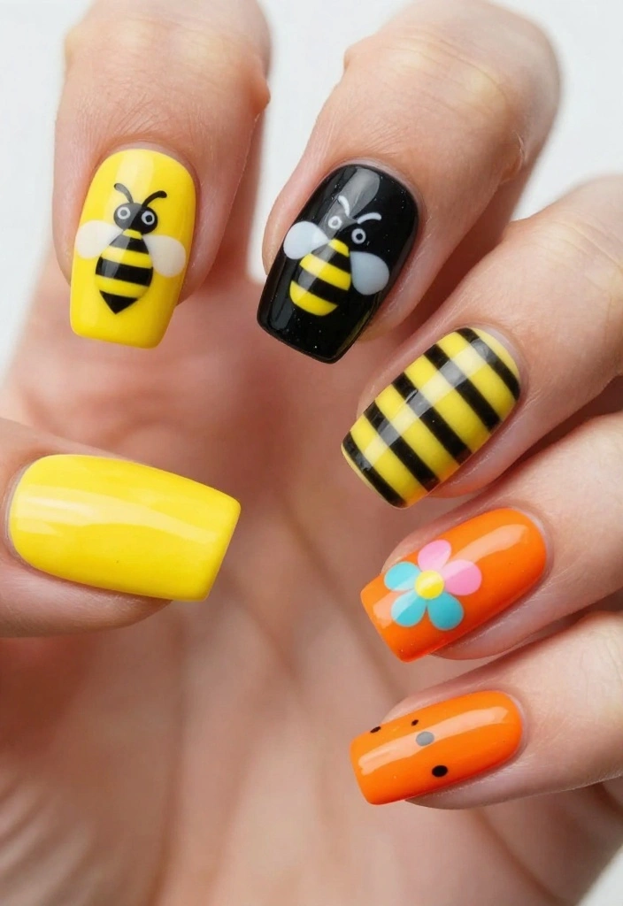 20 Inspiring Bee Nails Ideas To Sweeten Your Look This Season! - 14. Bright & Bold Bee Colors 1