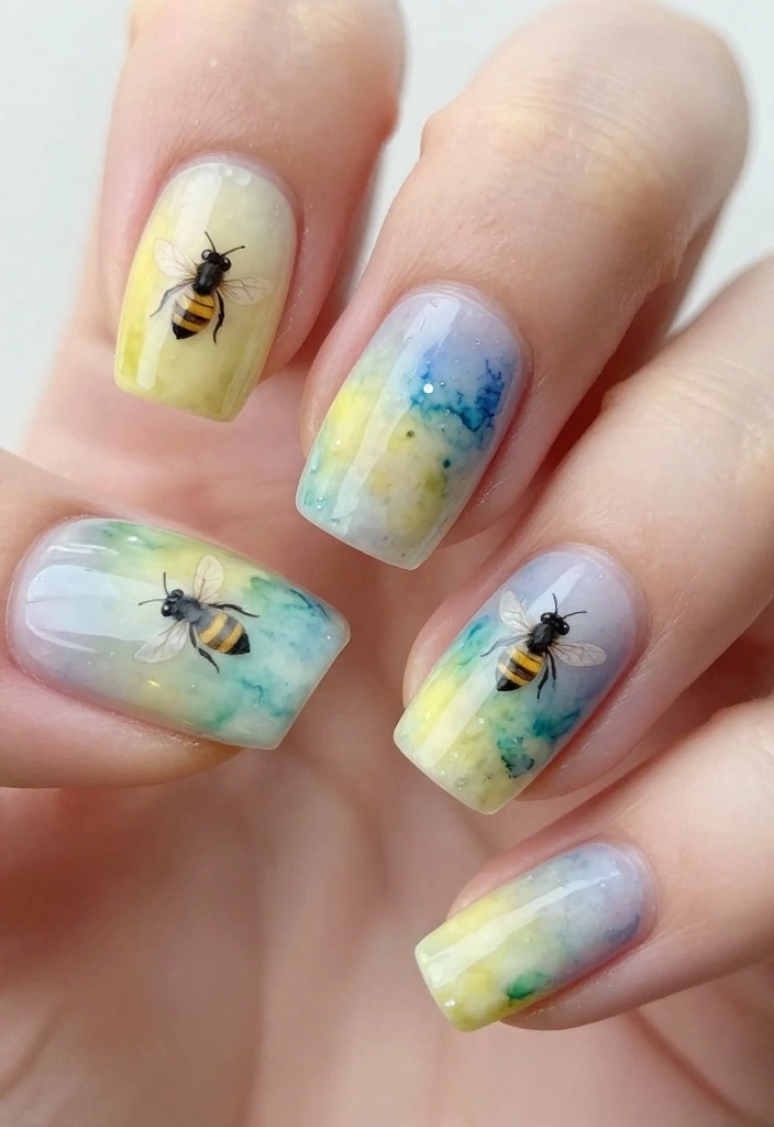 20 Inspiring Bee Nails Ideas To Sweeten Your Look This Season! - 17. Watercolor Bees 1