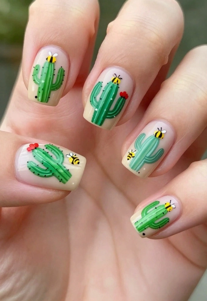 20 Inspiring Bee Nails Ideas To Sweeten Your Look This Season! - 18. Bee Cactus Theme 1