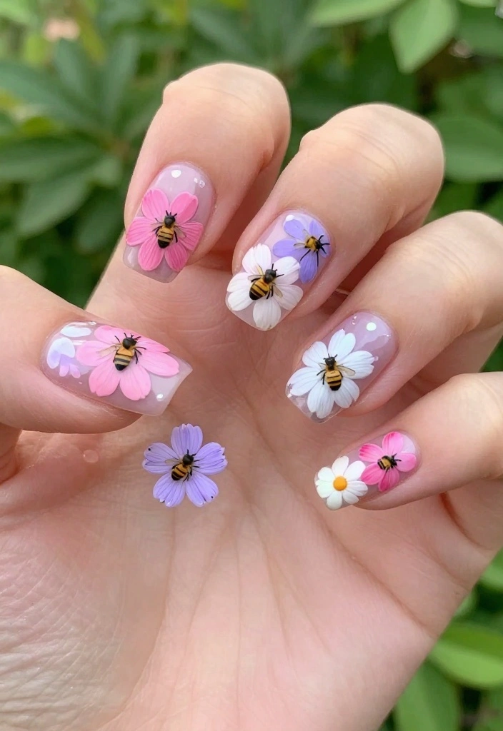 20 Inspiring Bee Nails Ideas To Sweeten Your Look This Season! - 2. Floral Bee Fusion 1