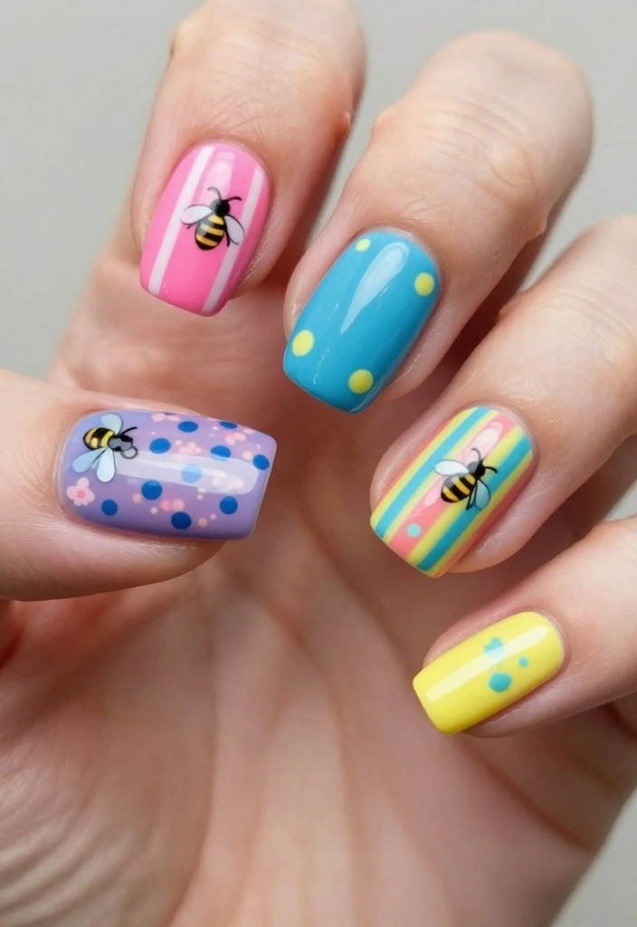 20 Inspiring Bee Nails Ideas To Sweeten Your Look This Season! - 5. Colorful Bee Patterns 1