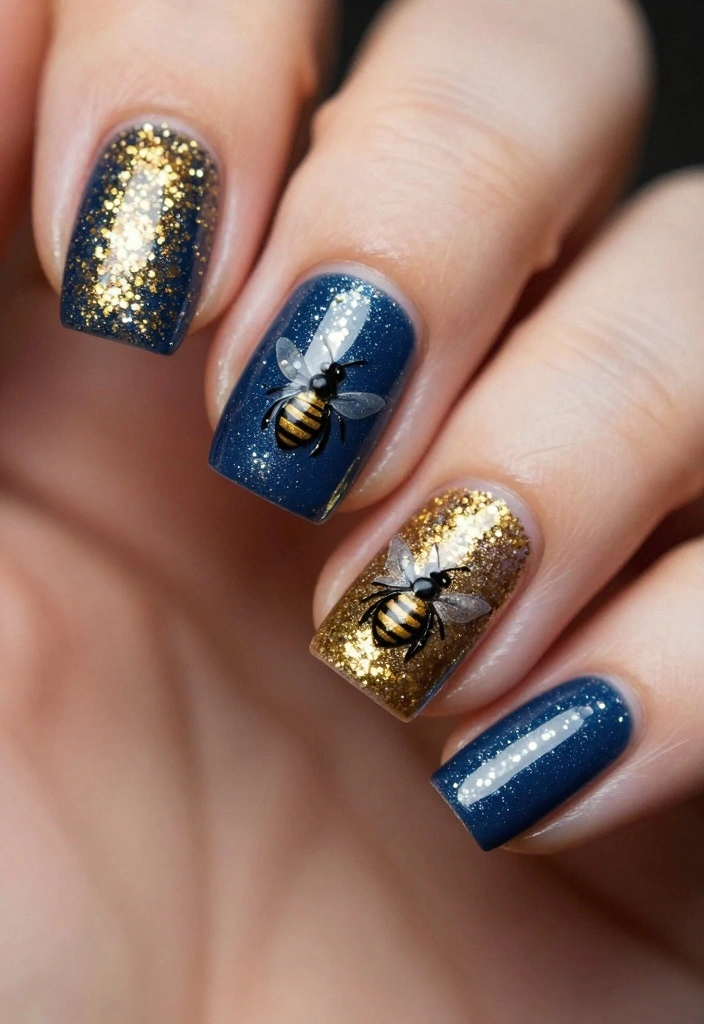 20 Inspiring Bee Nails Ideas To Sweeten Your Look This Season! - 6. Gold Glitter Bee Nails 1