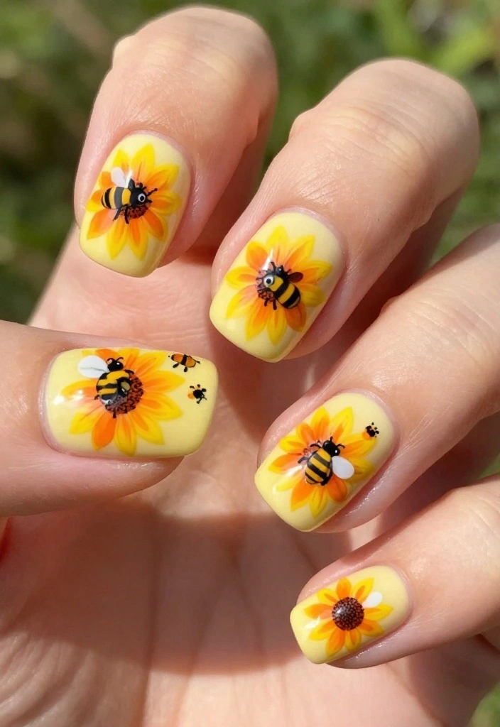20 Inspiring Bee Nails Ideas To Sweeten Your Look This Season! - 7. Bee and Sunflower Combo 1