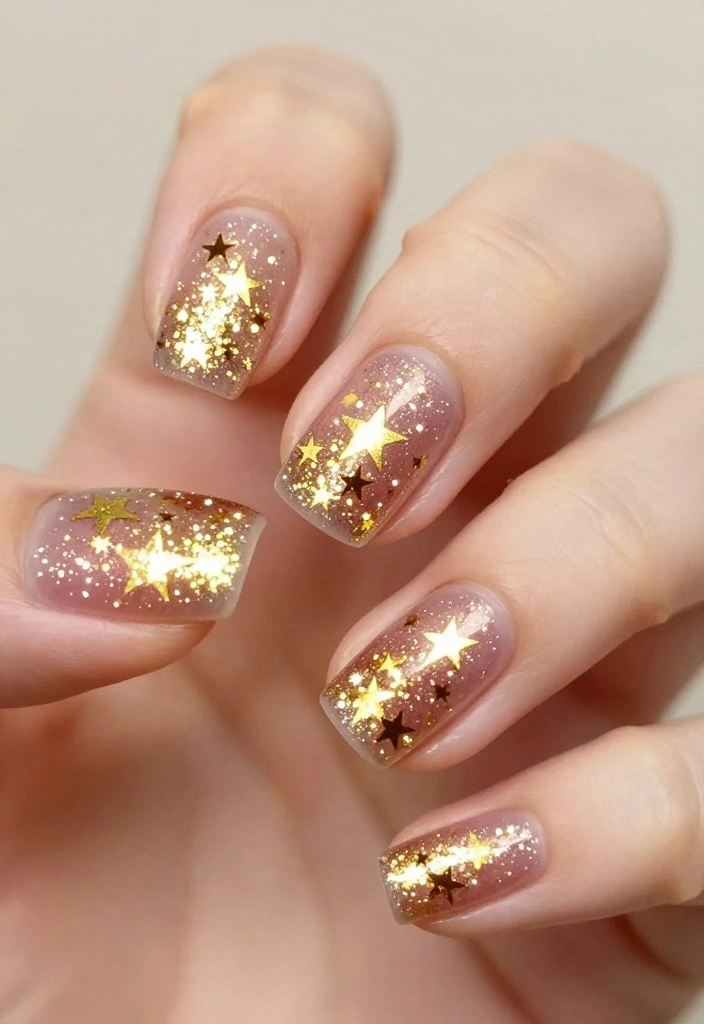 20 Stunning Gold Acrylic Nail Designs That Will Make You Shine! - 11. Gold Glitter Stars 1