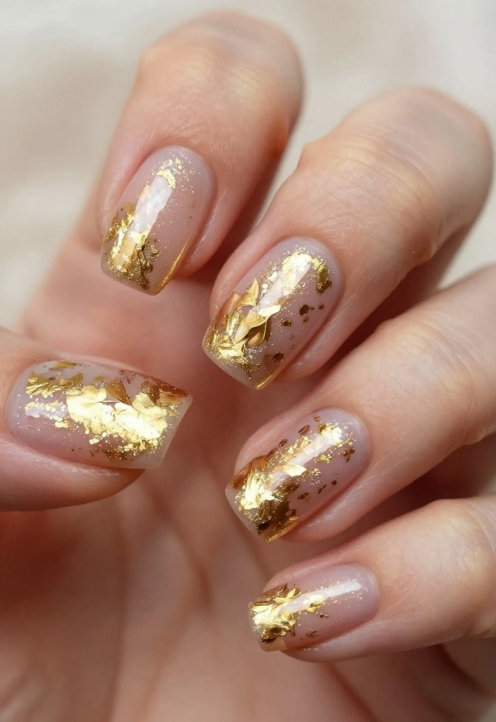 20 Stunning Gold Acrylic Nail Designs That Will Make You Shine! - 17. Gold Leaf Accents 1
