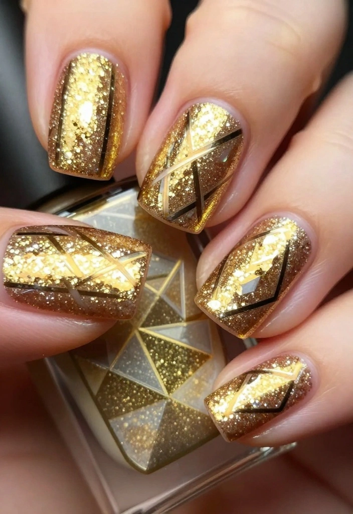 20 Stunning Gold Acrylic Nail Designs That Will Make You Shine! - 2. Glittering Gold Geometric Patterns 1