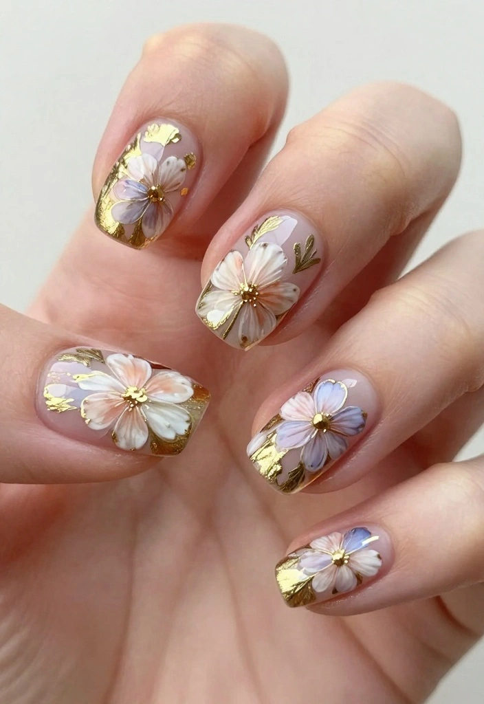 20 Stunning Gold Acrylic Nail Designs That Will Make You Shine! - 9. Gold and Floral Nail Art 1