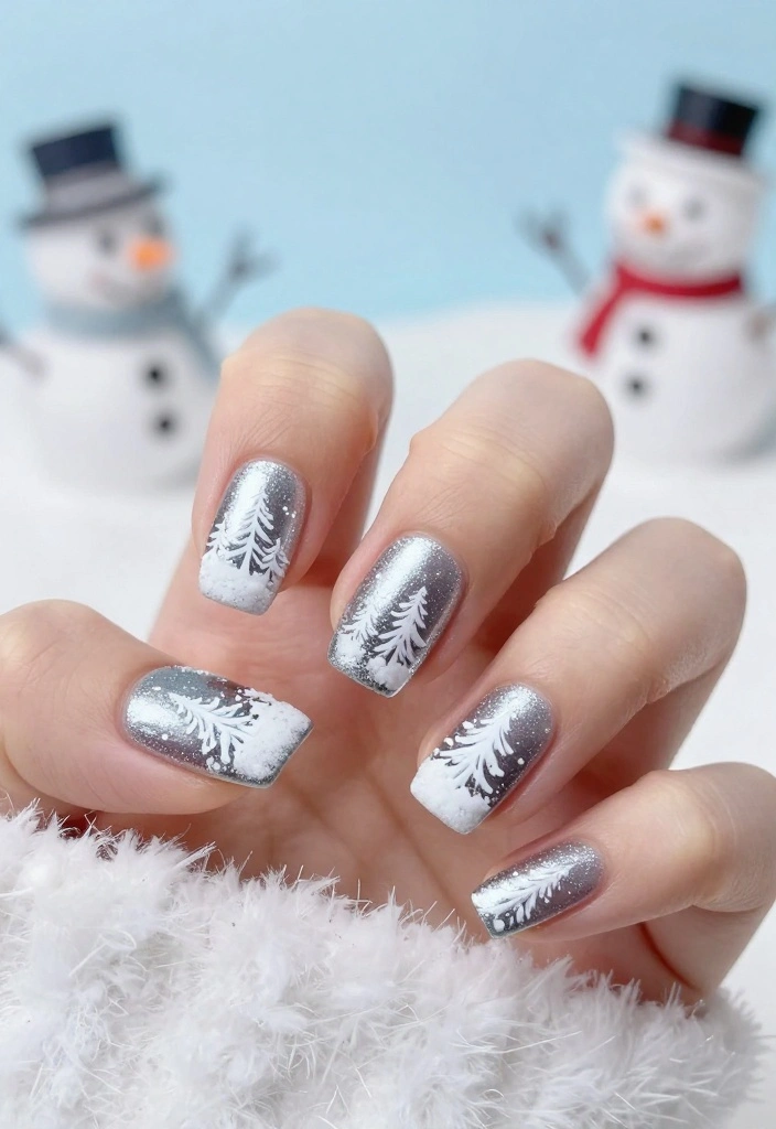 20 Trendy Chrome Christmas Nails That Will Elevate Your Holiday Style! - 11. Snowy Scene Nails 1
