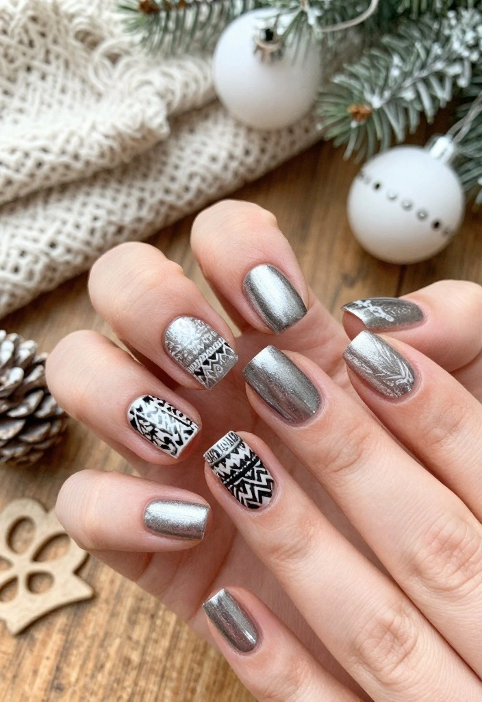 20 Trendy Chrome Christmas Nails That Will Elevate Your Holiday Style! - 19. Nordic Patterns 1