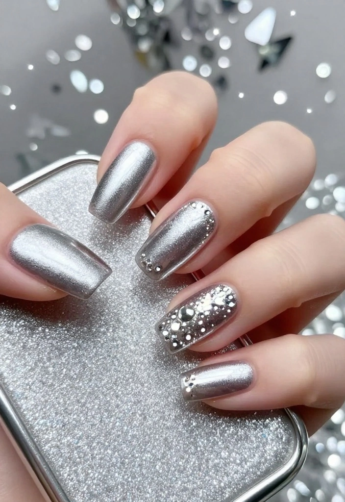 20 Trendy Chrome Christmas Nails That Will Elevate Your Holiday Style! - 4. Silver Sparkle 1