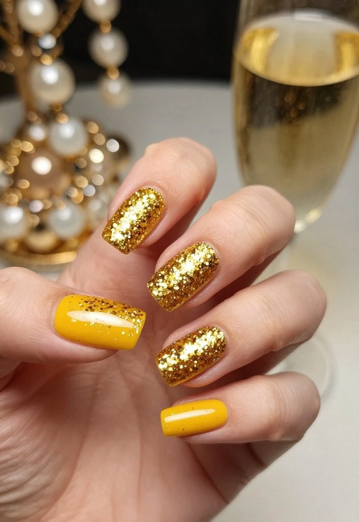 20 Vibrant Yellow Nail Art Combos That Will Make Your Nails the Center of Attention! - 4. Golden Glitter 1