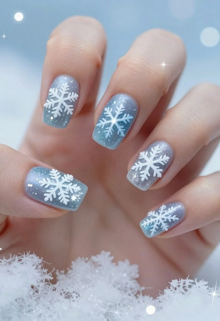 21 Adorable Christmas Nail Designs You’ll Want to Show Off at Every Holiday Party! - 4. Snowflakes and Glitter 1