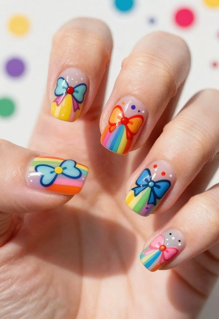 21 Bow Nail Designs That Will Make You the Center of Attention (Check Out #3!) - 11. Rainbow Bow Nails 1