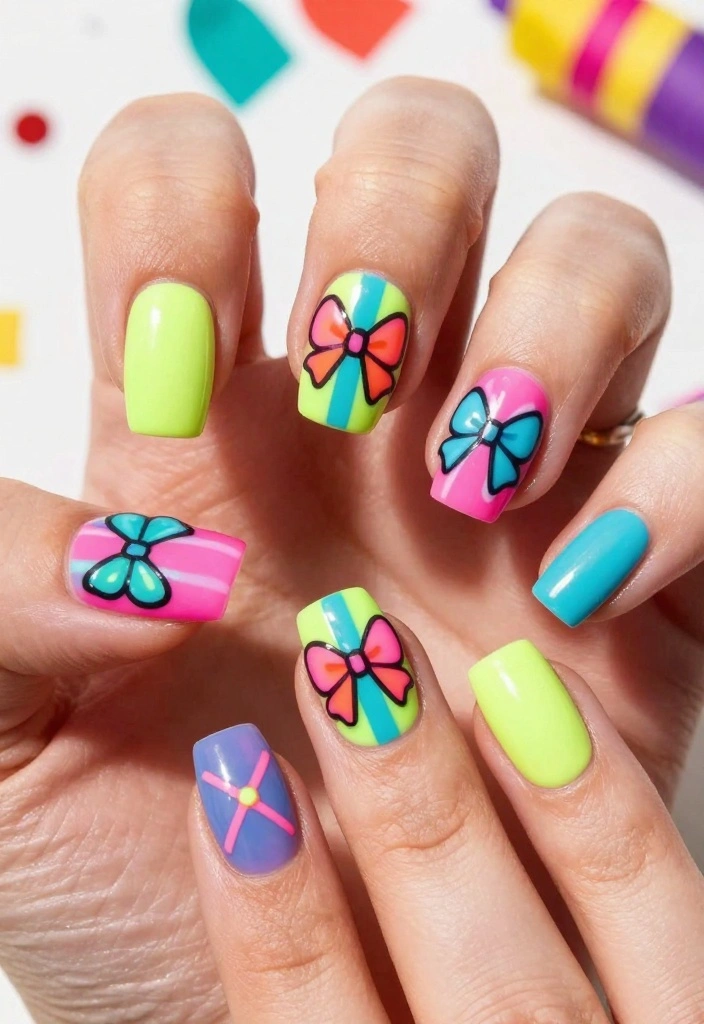 21 Bow Nail Designs That Will Make You the Center of Attention (Check Out #3!) - 15. Funky Neon Bow Nails 1