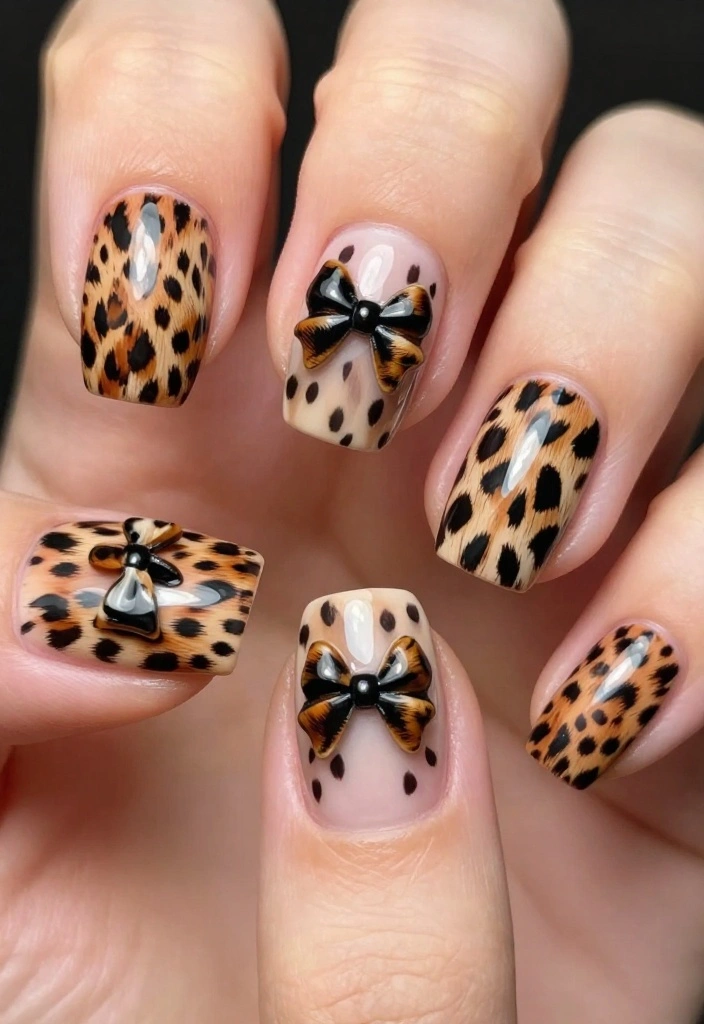 21 Bow Nail Designs That Will Make You the Center of Attention (Check Out #3!) - 18. Animal Print Bows 1