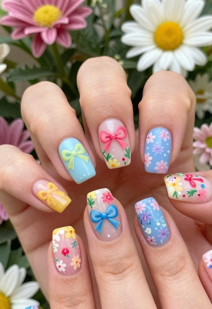 21 Bow Nail Designs That Will Make You the Center of Attention (Check Out #3!) - 3. Floral Bow Accents 1