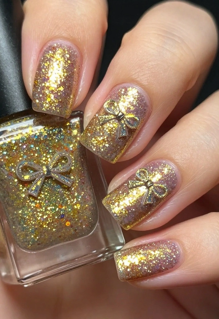 21 Bow Nail Designs That Will Make You the Center of Attention (Check Out #3!) - 4. Glittery Bow Designs 1