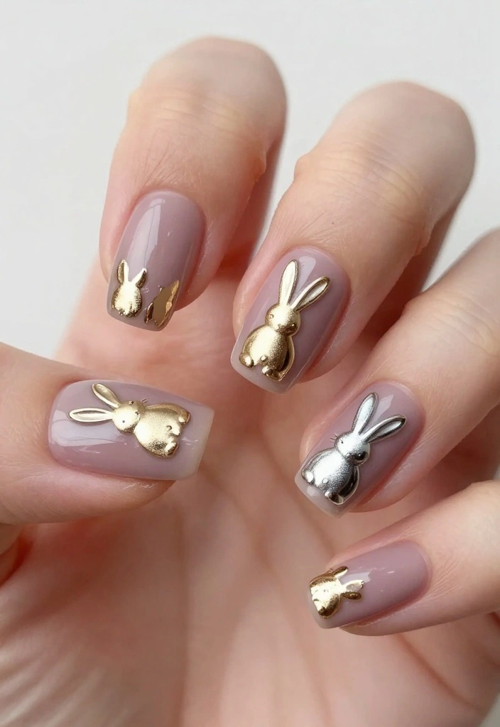 21 Bunny Nails Perfect for Spring That You’ll Want to Show Off! 🌸 - 13. Metallic Bunny Accents 1