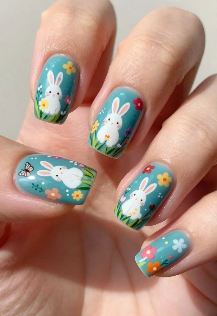 21 Bunny Nails Perfect for Spring That You’ll Want to Show Off! 🌸 - 2. Bunny and Floral Combo 1
