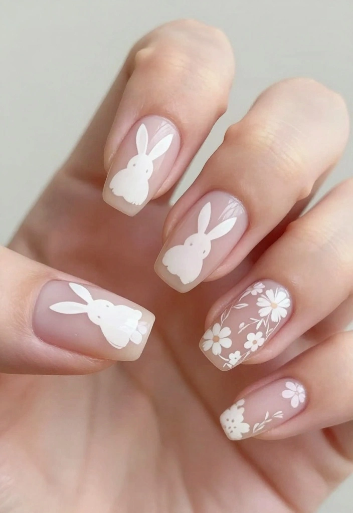21 Bunny Nails Perfect for Spring That You’ll Want to Show Off! 🌸 - 9. Floral Bunny Silhouette 1