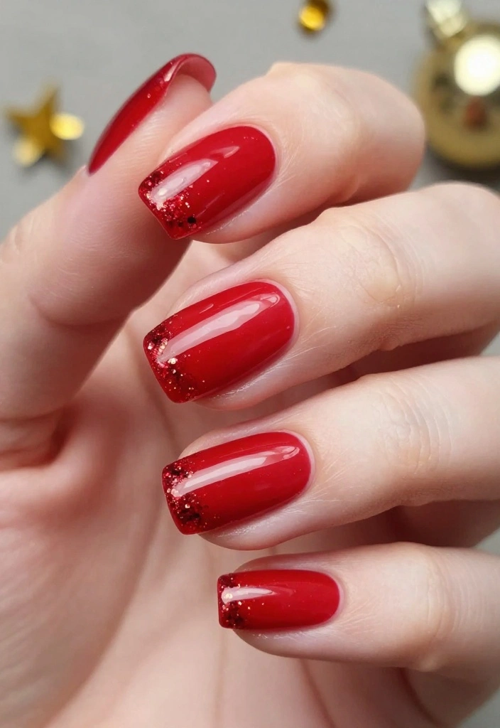 21 Chic Red Holiday Nails That Are Perfect for Winter Celebrations – Don’t Miss #5! - 1. Classic Red with Glitter Tips 1