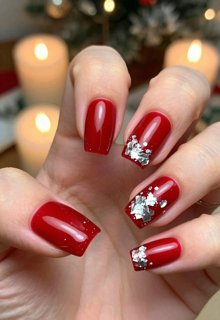 21 Chic Red Holiday Nails That Are Perfect for Winter Celebrations – Don’t Miss #5! - 11. Red with Silver Foil 1