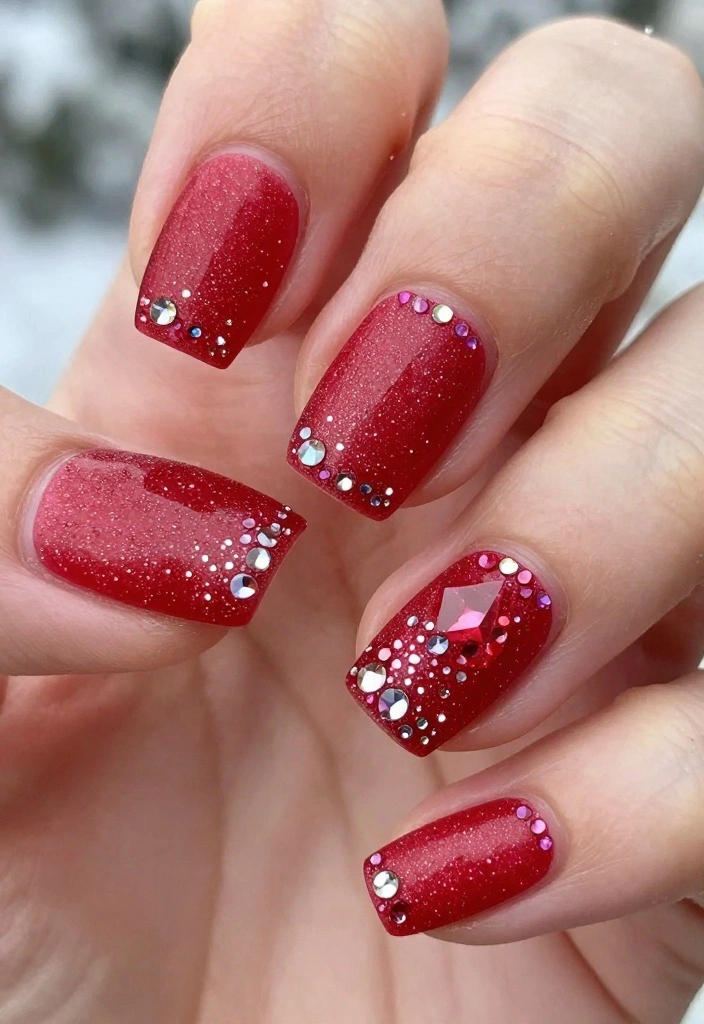 21 Chic Red Holiday Nails That Are Perfect for Winter Celebrations – Don’t Miss #5! - 12. Frosted Red with Rhinestones 1