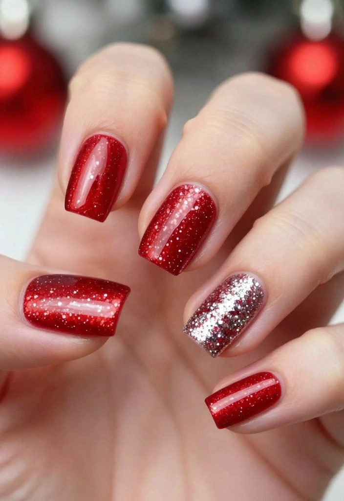 21 Chic Red Holiday Nails That Are Perfect for Winter Celebrations – Don’t Miss #5! - 16. Red and Silver Glitter 1