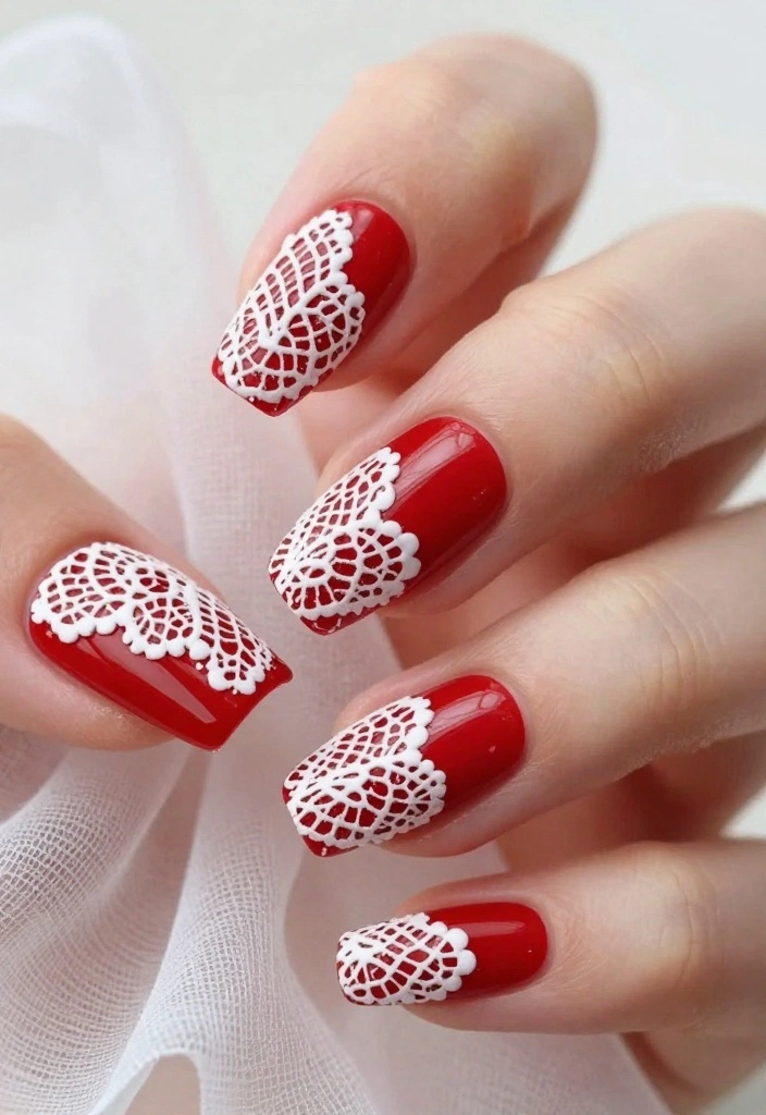 21 Chic Red Holiday Nails That Are Perfect for Winter Celebrations – Don’t Miss #5! - 17. Elegant Red with Lace Designs 1