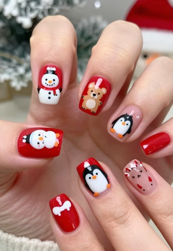 21 Chic Red Holiday Nails That Are Perfect for Winter Celebrations – Don’t Miss #5! - 18. Red Nail Art with Winter Animals 1
