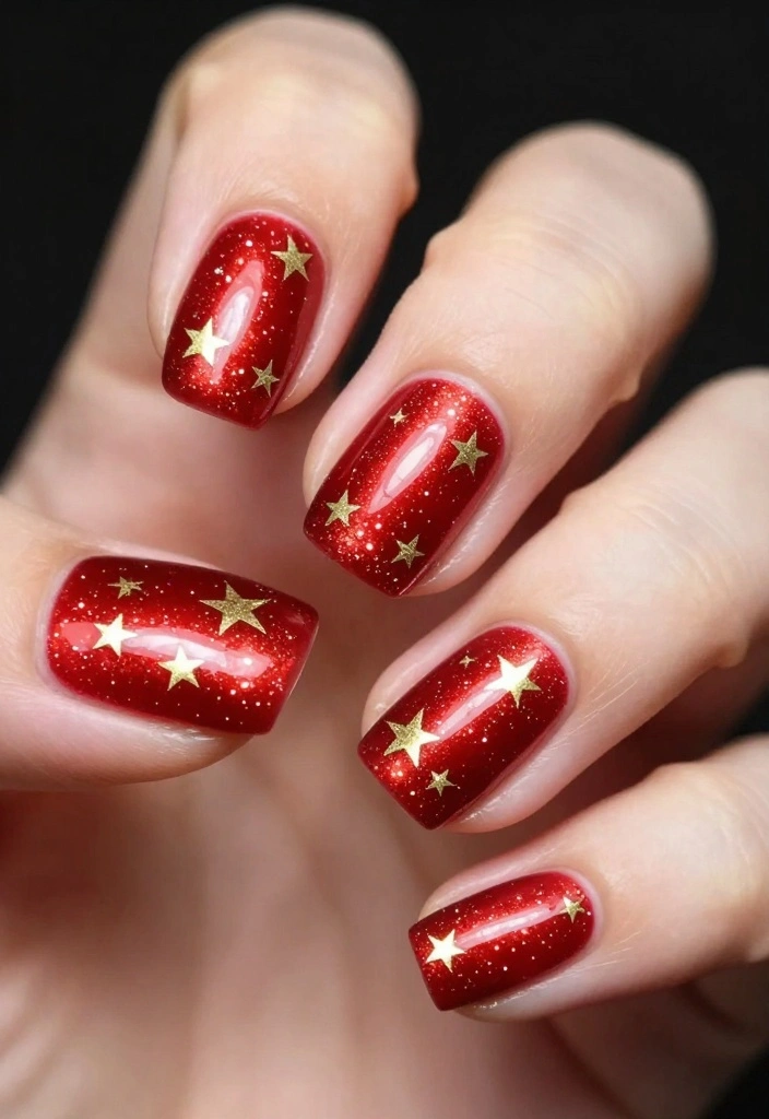21 Chic Red Holiday Nails That Are Perfect for Winter Celebrations – Don’t Miss #5! - 19. Red and Gold Starry Nights 1