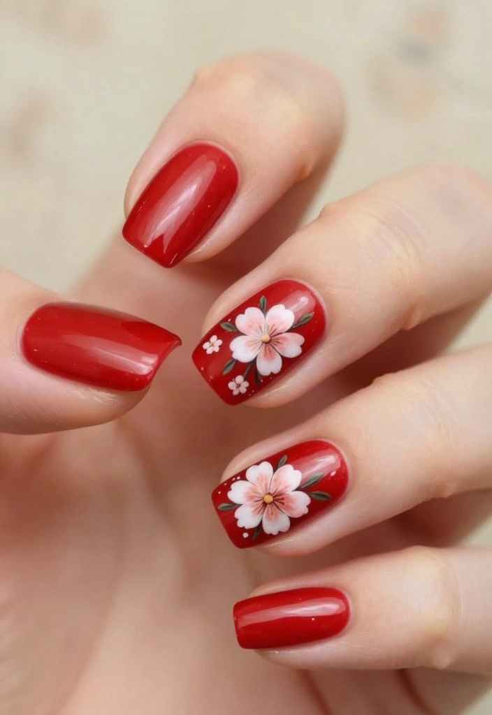 21 Chic Red Holiday Nails That Are Perfect for Winter Celebrations – Don’t Miss #5! - 21. Vintage Red with Floral Accents 1