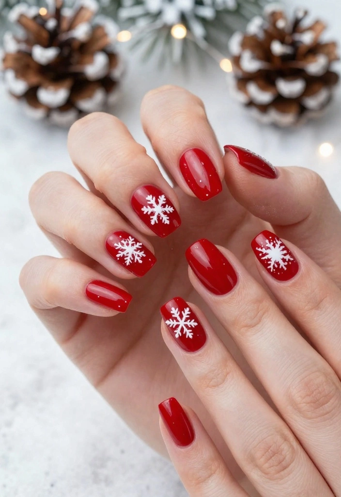 21 Chic Red Holiday Nails That Are Perfect for Winter Celebrations – Don’t Miss #5! - 4. Snowy Flakes on Red 1