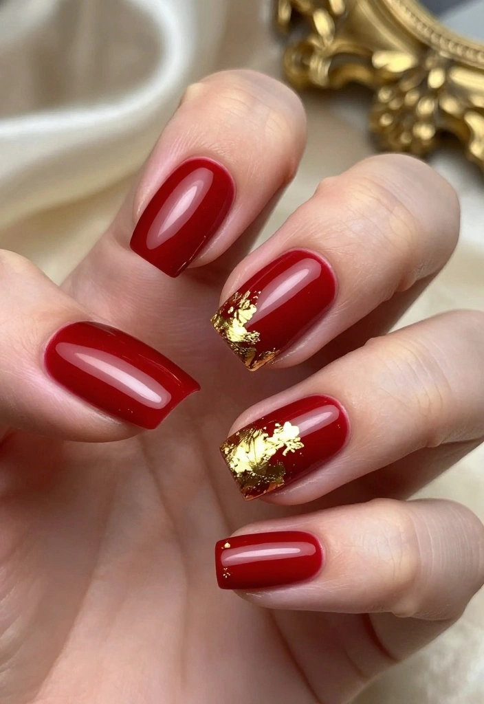 21 Chic Red Holiday Nails That Are Perfect for Winter Celebrations – Don’t Miss #5! - 5. Jewel-Toned Red with Gold Accents 1