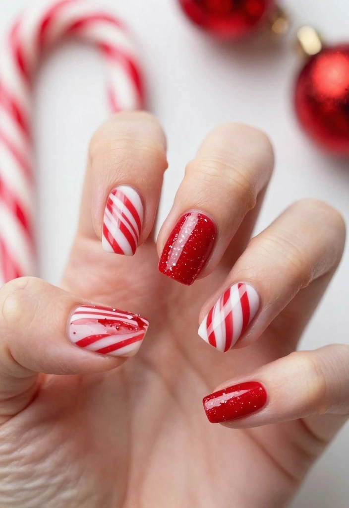 21 Chic Red Holiday Nails That Are Perfect for Winter Celebrations – Don’t Miss #5! - 6. Red and White Candy Cane Stripes 1